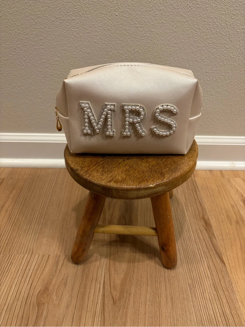 Mrs Embellished Cream Cosmetic Pouch